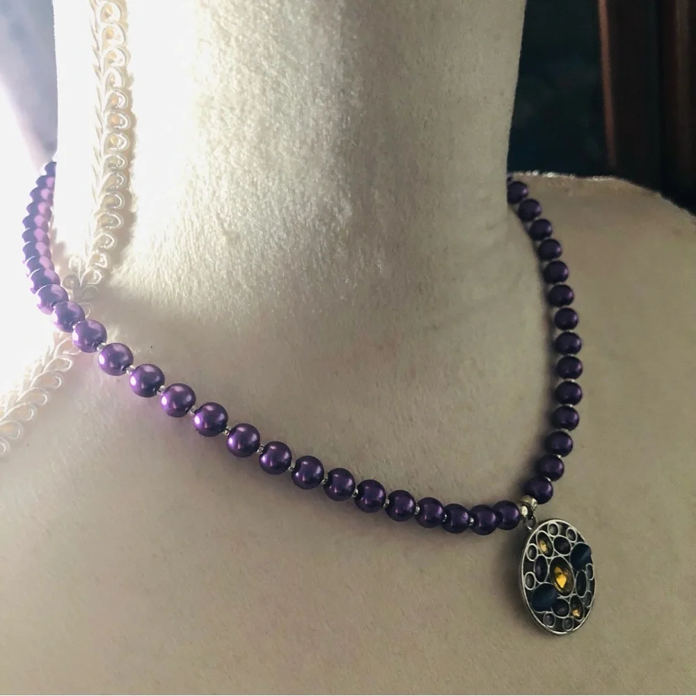 Handcrafted repurpose multi tone stone pendant Czech glass Pearl necklace